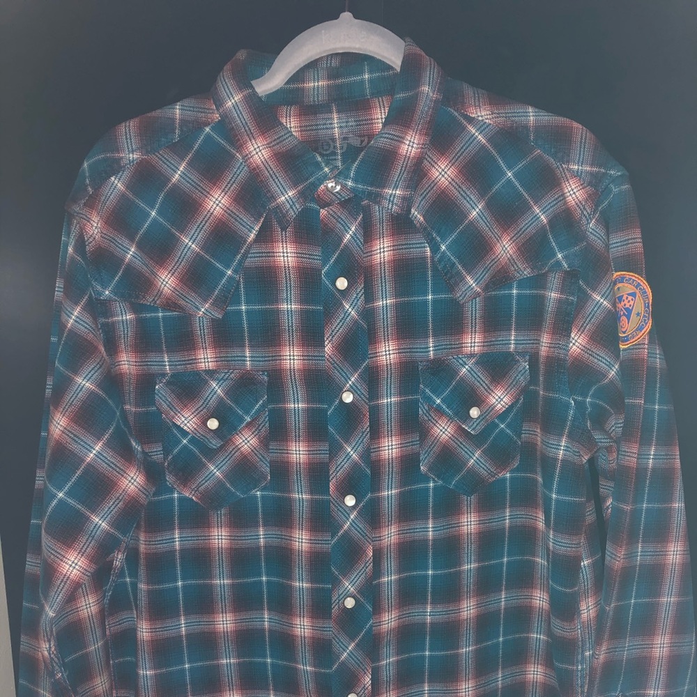 Distressed and embroidered button up shirt